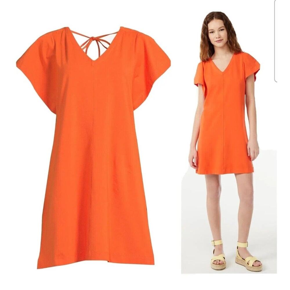 Free Assembly Women's Tigerlily Orange V-Neck Dress with Flounce Sleeves Size S